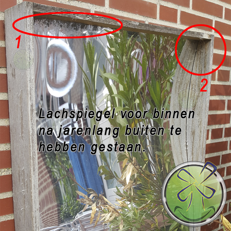 Lachspiegel met schitterend patina, hoewel dit geen buitengeschikte lachspiegel is heeft deze een schitterend "patina"gekregen door jarenlange blootstelling aan de elementen. Lachspiegel met schitterend patina, hoewel dit geen buitengeschikte lachspiegel is heeft deze een schitterend "patina"gekregen door jarenlange blootstelling aan de elementen.